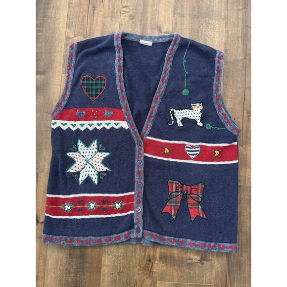 Vintage Koret City Blues Sweater Vest Size L (?) Cats & Christmas Blue Button Up - Picture 1 of 7